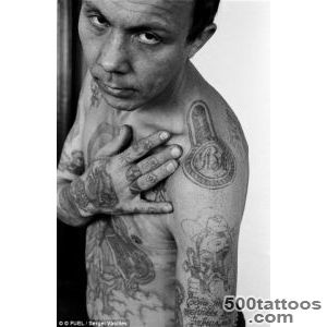 Striking russian tattoo in watercolor style on the back