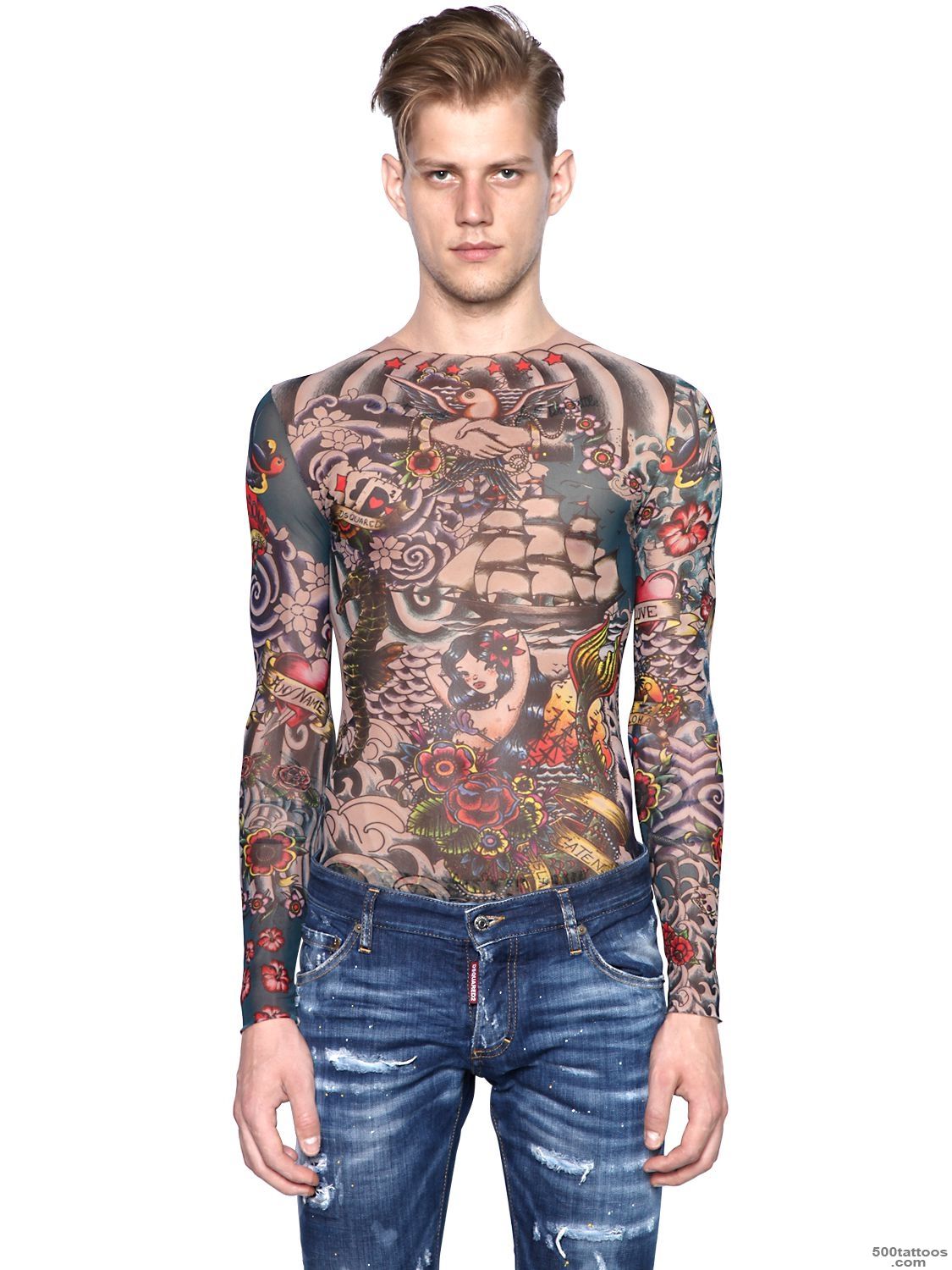 Dsquared? Tattoo Printed Sheer Long Sleeve T shirt in Multicolor ..._14