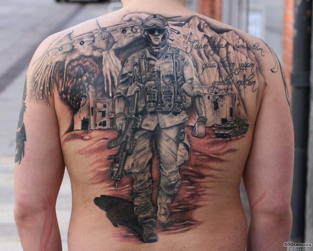 Military Soldier With Equipments Tattoo On Upper Back_21