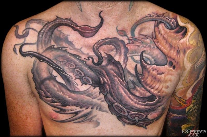 Colorful great giant squid tattoo on chest   Tattooimages.biz_36