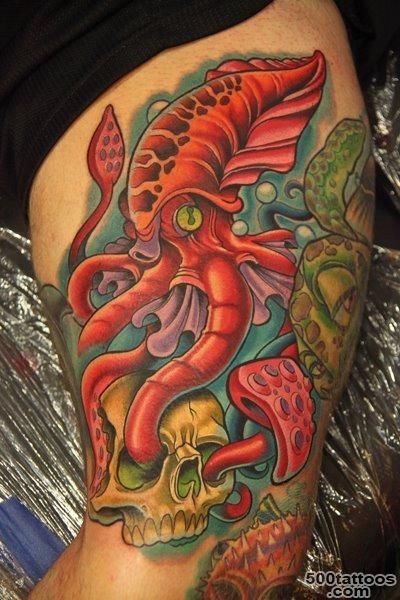 Skull And Squid Tattoo On Left Bicep by Tony Ciavarro_31