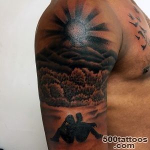 Big black ink romantic couple with sunset tattoo on shoulder _50