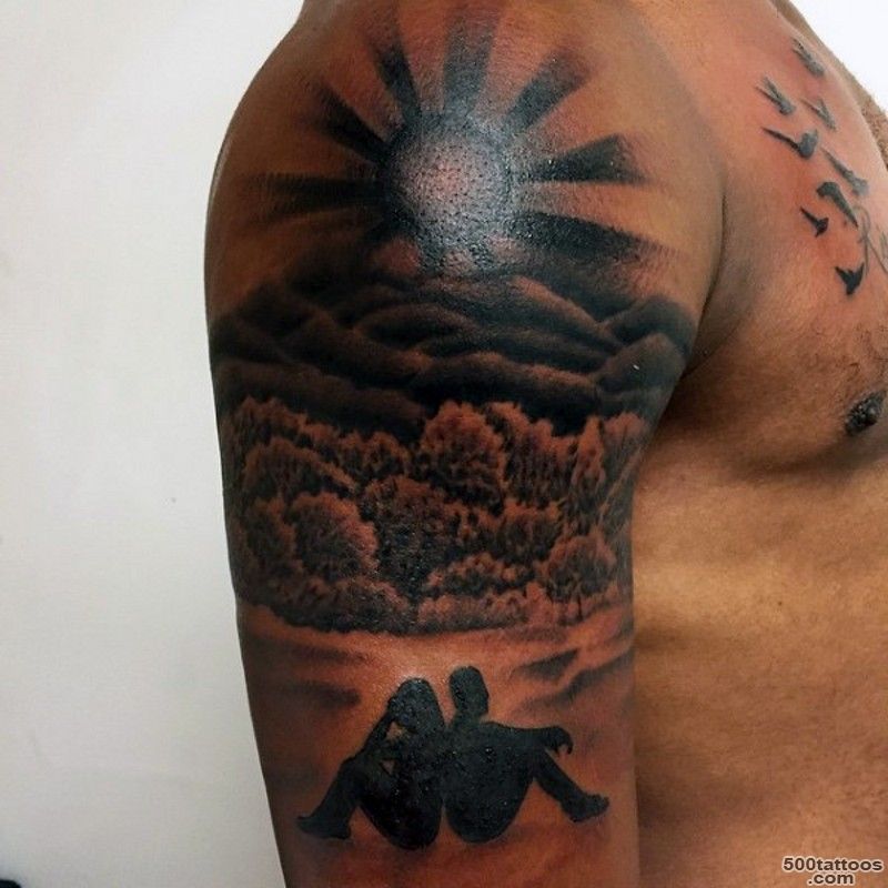 Big black ink romantic couple with sunset tattoo on shoulder ..._50