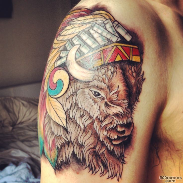 Tattoo of buffaloison with navajo headdress   fresh from the ..._14