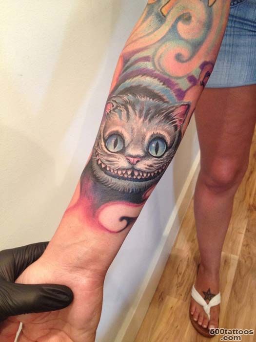 Color Ink Cheshire Cat Tattoo On Right Half Sleeve_39