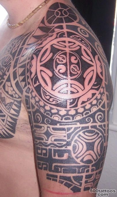 Shoulder tattoo,black and white rich pattern with figures ..._25