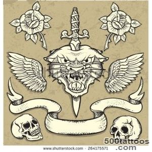 Set Of Old School Tattoo Elements With Roses And Skulls Stock _46