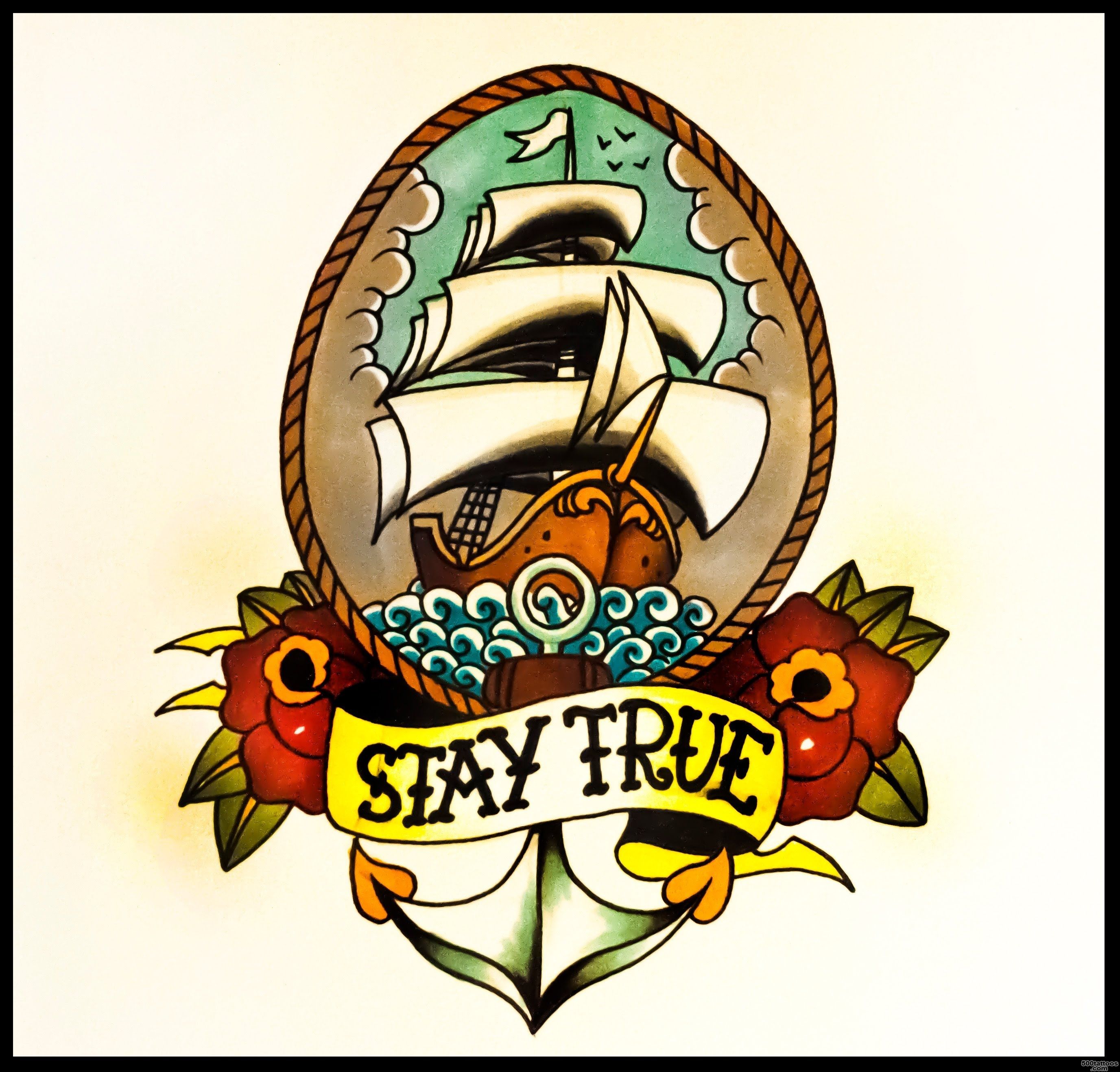 How to draw an Old School Ship Tattoo Flash Design, with Roses and ..._26