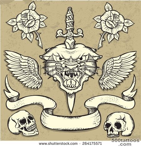 Set Of Old School Tattoo Elements With Roses And Skulls Stock ..._46