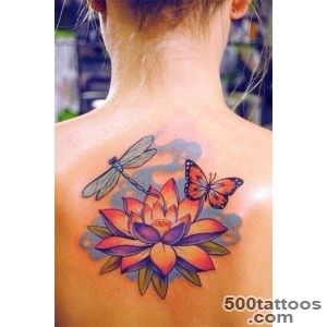 Girl with a Dragonfly butterfly amp lotus flower tattoo on her back _24