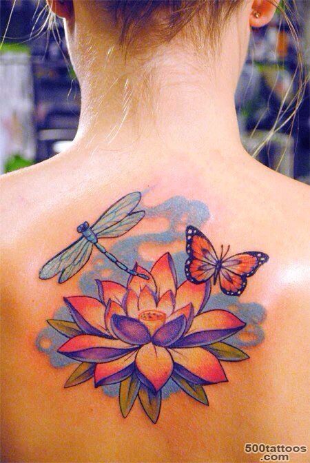 Girl with a Dragonfly butterfly amp lotus flower tattoo on her back ..._24