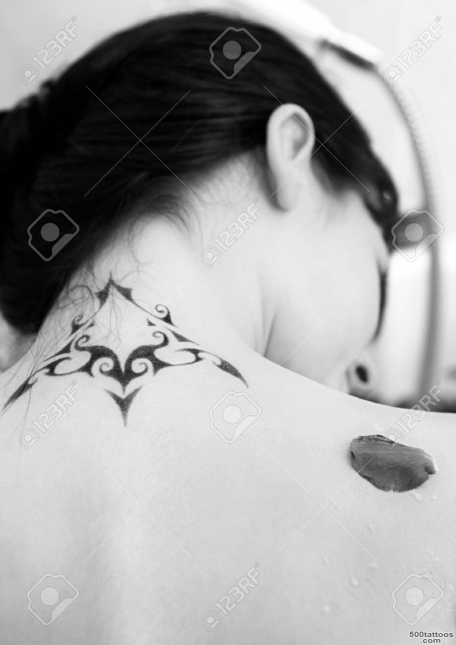 Woman In A Bathroom With Tattoo On Her Back. Black And White ..._5