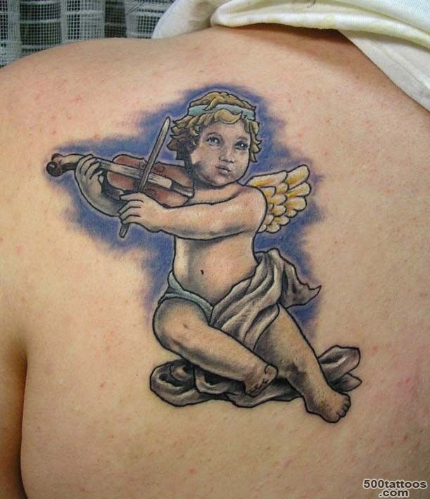 Colorful cherub playing violin tattoo on back   Tattoos photos_33
