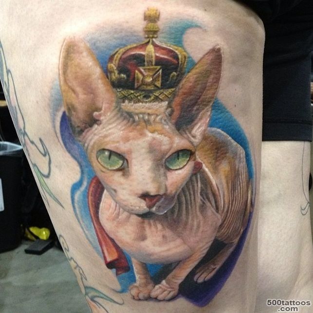 Watercolor sphynx cat and snail tattoo on leg   Tattooimages.biz_9