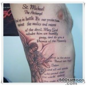 Saint michael and religious text tattoo on ribs   Tattooimagesbiz_45