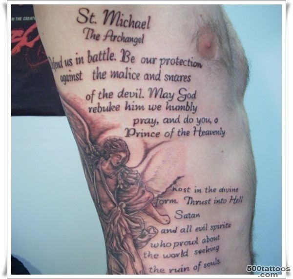 Saint michael and religious text tattoo on ribs   Tattooimages.biz_45