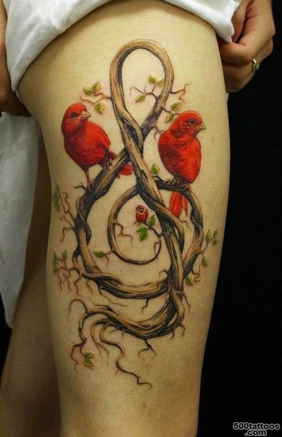 Awesome red birds and treble clef tattoo on thigh   Tattooimages.biz_32