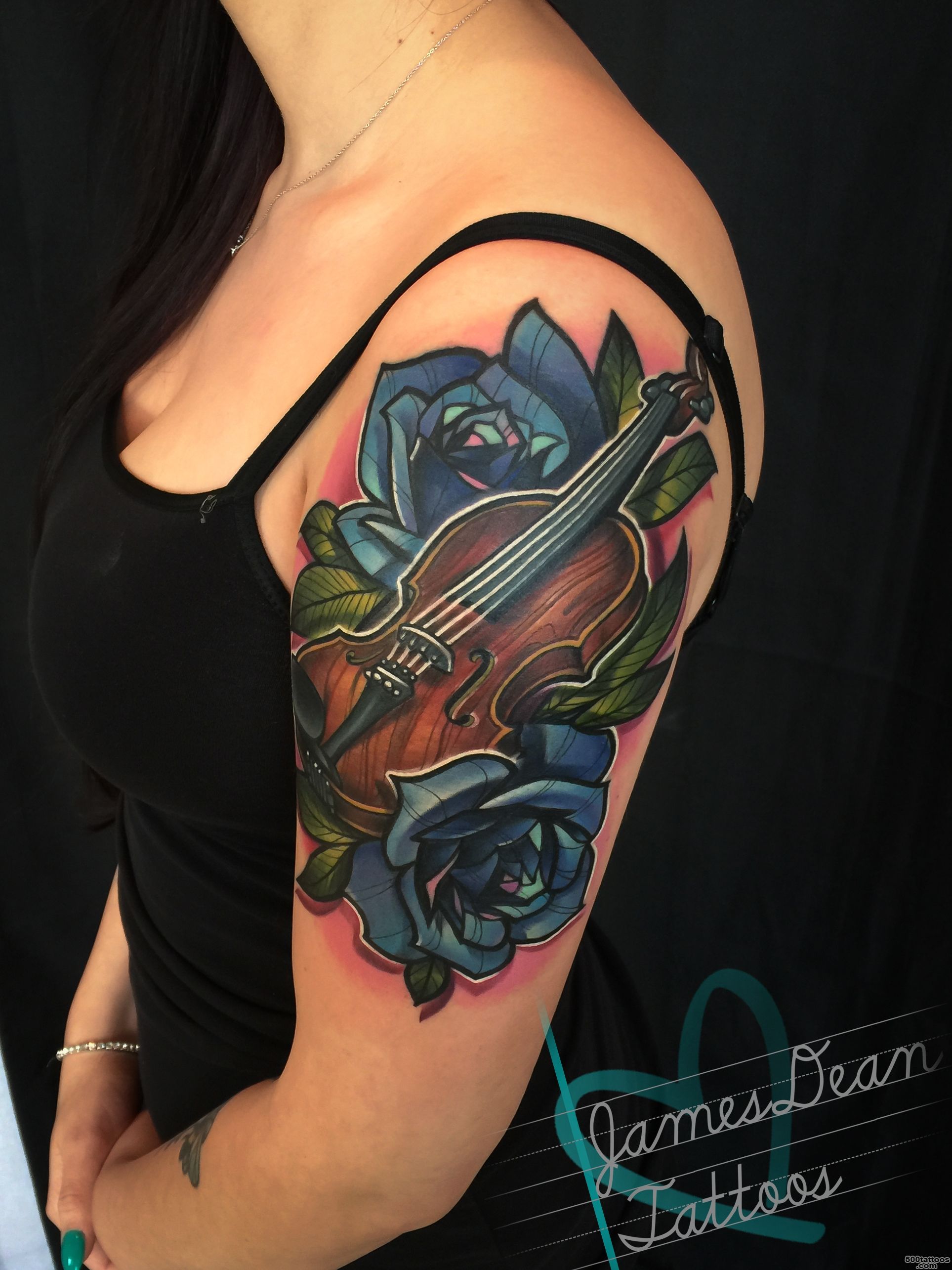 Full color violin tattoo by James Dean at Certified Customs Tatoo ..._7