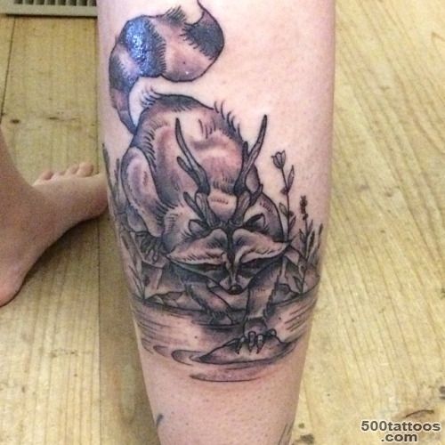 Grey Ink Raccoon In Water Tattoo On Back Leg_39