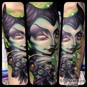 Cartoon like colored evil witch tattoo on forearm with antic key _40