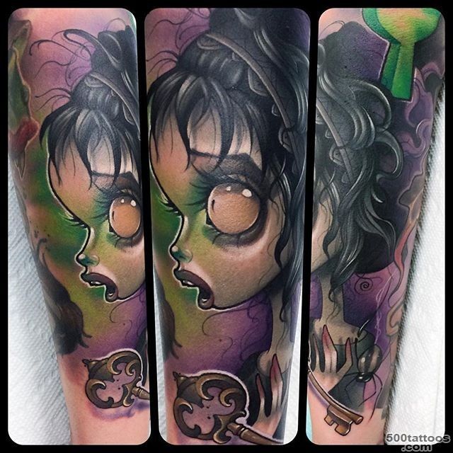 Cartoon like colored evil witch tattoo on forearm with antic key ..._35