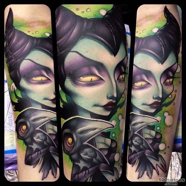Cartoon like colored evil witch tattoo on forearm with antic key ..._40